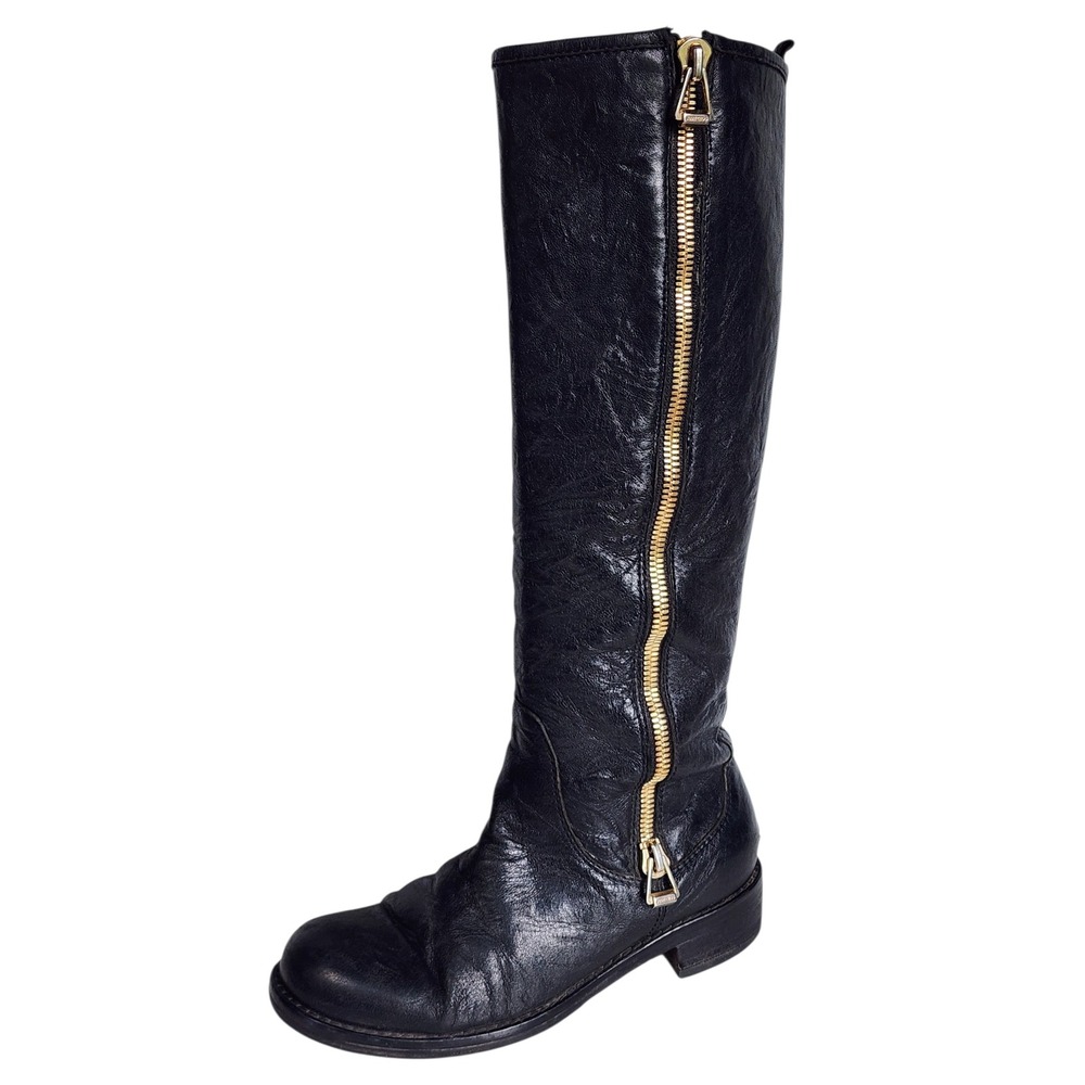 Jimmy Choo Black Leather Knee-High Tall Boots Gold Side Zipper Detail 36.5